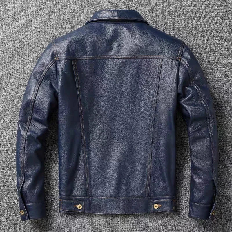 New Navy Blue Top Layer Cowhide Genuine Leather Jacket Men's Short Slim Fit Retro Motorcycle Lapel Casual Jacket Trendy