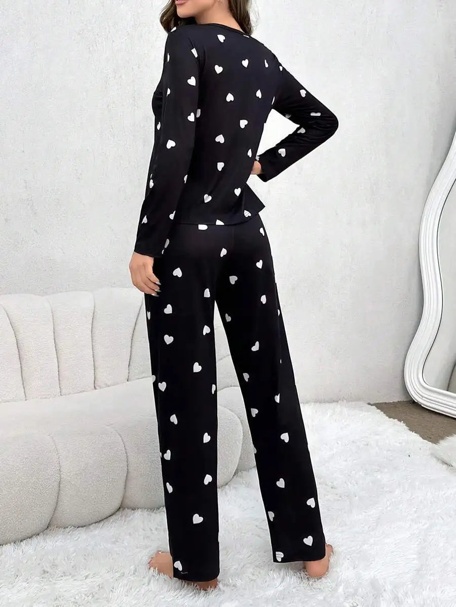 Women's Pajamas Casual Love Print Round Neck Long Sleeve Long Pants Fall and Winter Comfortable Set Girl Sleepwear Homewear