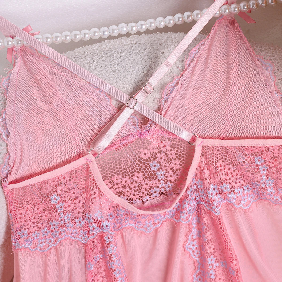 Sexy Solid Pink Slip Nightdress Contrast Laces V- Neck Backless Sleeveless Sling Dress Women's Sleepwear Babydoll Dresses Lace