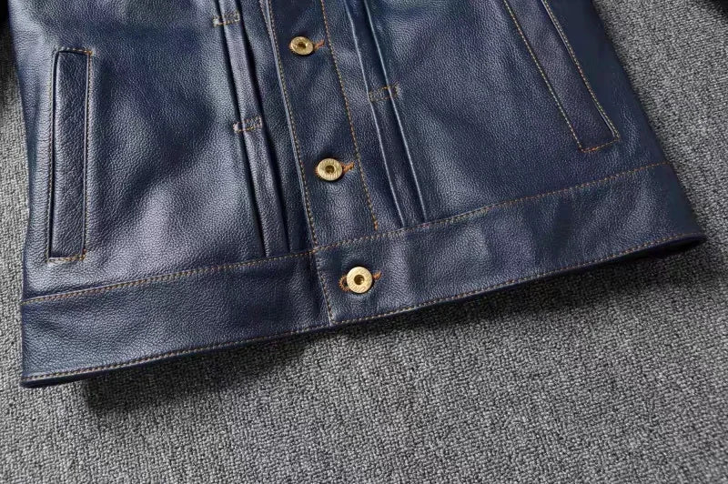 New Navy Blue Top Layer Cowhide Genuine Leather Jacket Men's Short Slim Fit Retro Motorcycle Lapel Casual Jacket Trendy