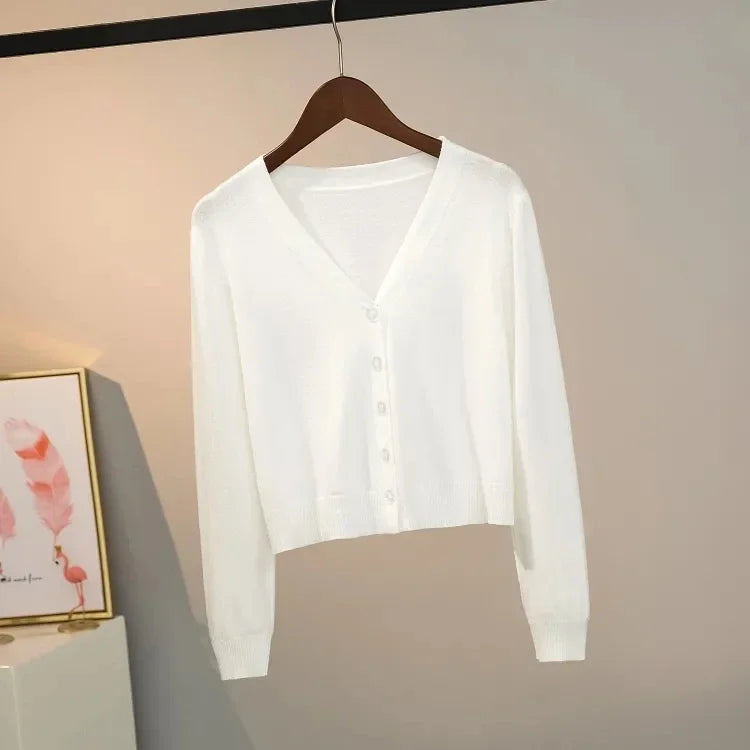 Sweater knitted cardigan button jacket 2024 autumn winter V-neck long sleeve casual short tops for women sweater Grey White