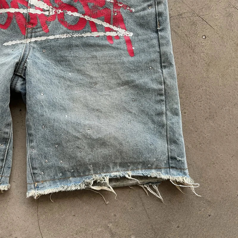 American Fashion Trend Letter Printing Splicing Patches Denim Shorts Y2K Gothic Hip Hop Men Women Punk Vintage Wide Leg Pants