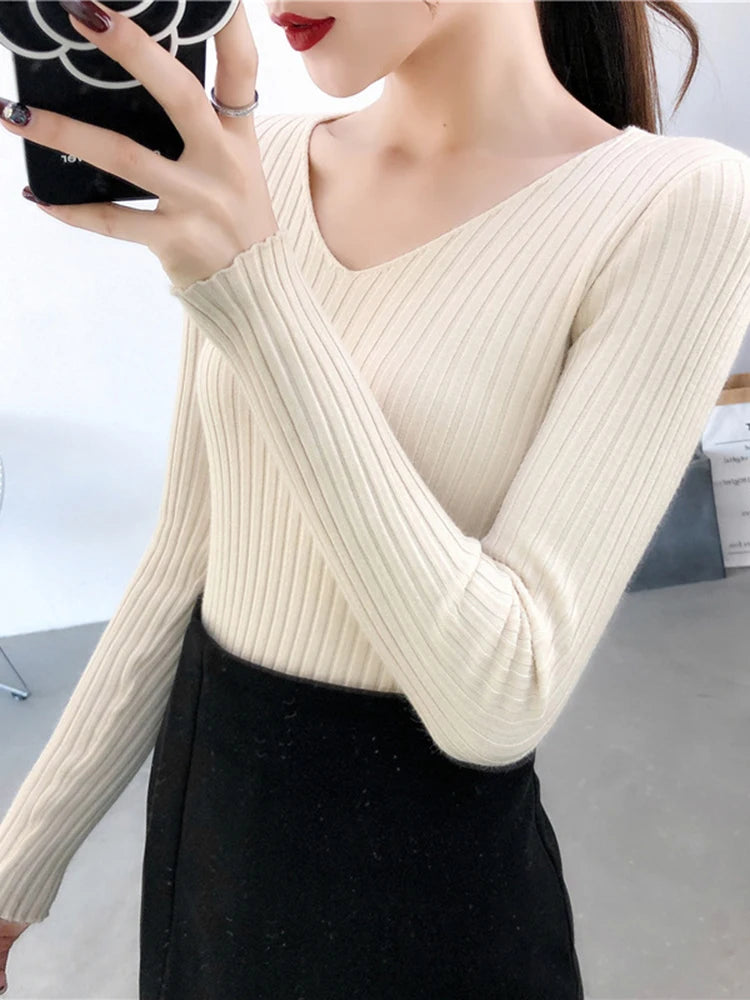 2025 V Neck Women Autumn Winter Sweaters Slim Knitted Pullovers Soft Warm Solid Jumper Female Sweater Casual Knitwear Jersey Top