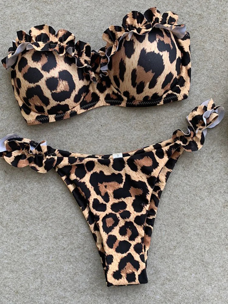 2025 New Summer Swimwear Bikini Set Sexy Leopard Strapless Bikini 2 Piece Set Women Split Swimsuit High Waist Beach Style Bikini