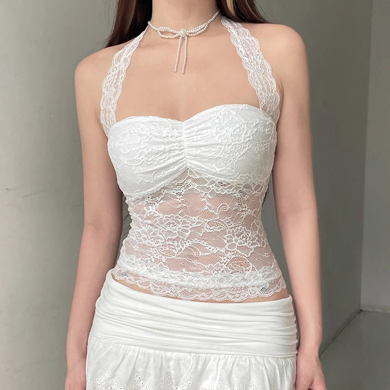 Cuteandpsycho Sexy Lace Patchwork Y2K Camisoles Backless Transparent Slim Outfits Party 90s Vintage Clubwear Halter Neck Tops