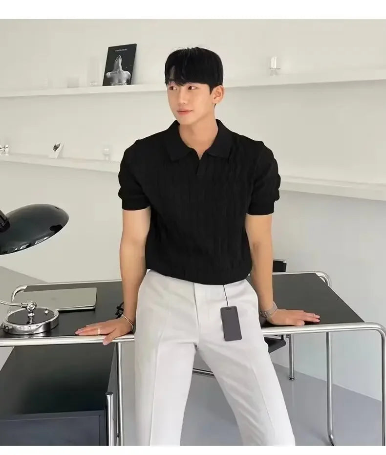 Summer New Light Maturity Knitted Polo Shirt Men's Korean Style Slim Fit Collar Pure Color Casual T-Shirt Cross-Border