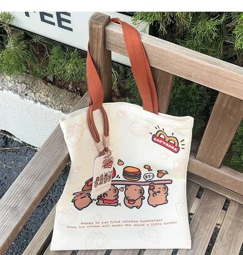 Canvas Bag Novelty Tote Bag Kapibara with Zipper Inner Daily Large Capacity Shoulder Bag Cartoon Capybara Kawai Handbags