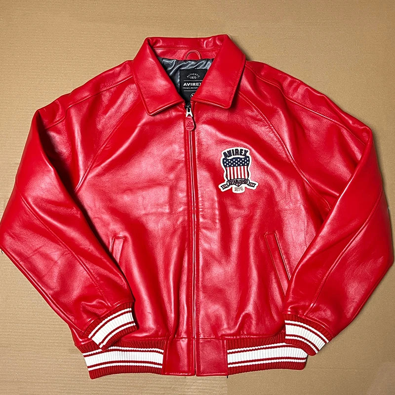 Men's Genuine Leather Varsity Jacket Us plus size Thick European lambskin High Quality Embroidery Avirex Brand