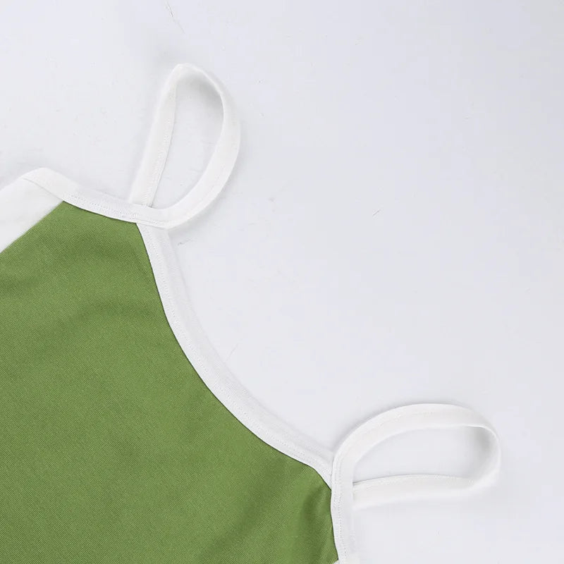 2025 Summer Casual Cami Backless Y2k Vintage Tank Top WomenSleeveless Knitted Crop Tops Green Sexy Basic Patchwork