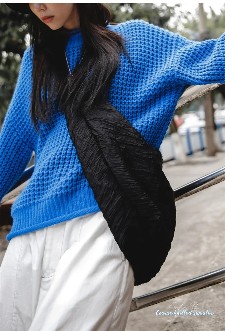 MADEN Women Cornflower Blue Knitted Sweater 2024 New Autumn Winter Long Sleeve Curled Collar Knitwear Warm Pullover Sweater