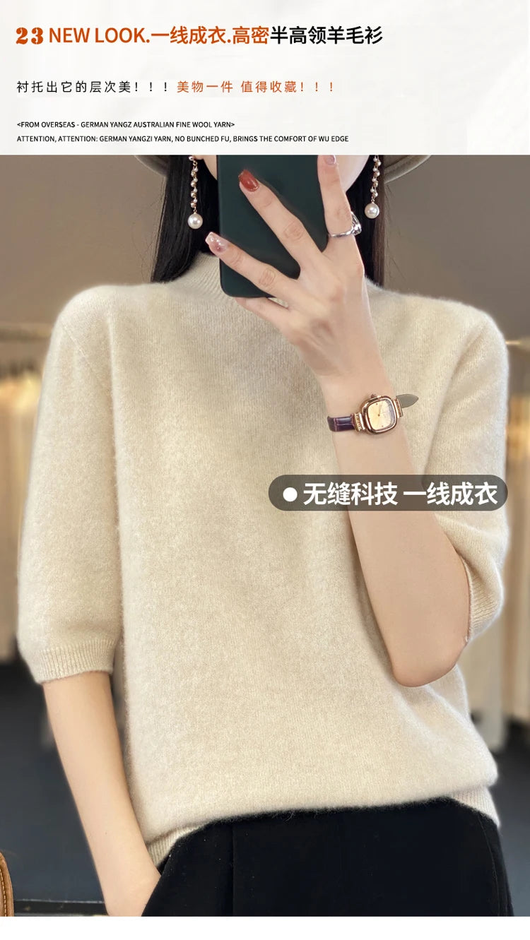 100% pure wool short sleeve summer new women's semi-high neck pullover blouse loose knit vest fashion T-shirt