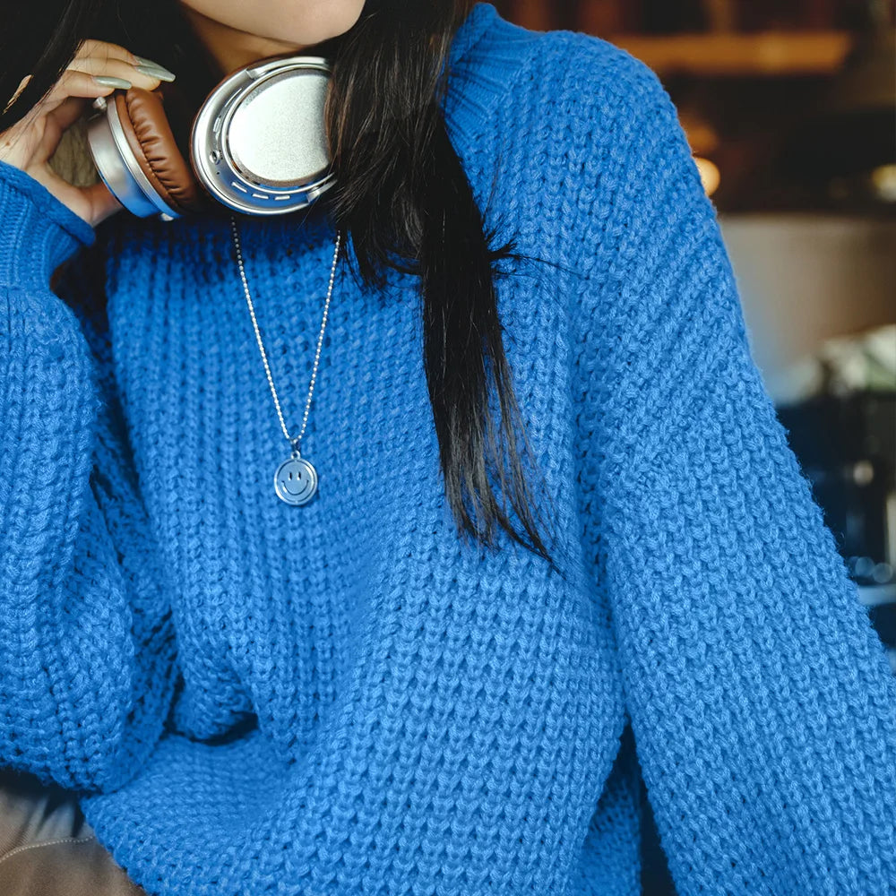 MADEN Women Cornflower Blue Knitted Sweater 2024 New Autumn Winter Long Sleeve Curled Collar Knitwear Warm Pullover Sweater