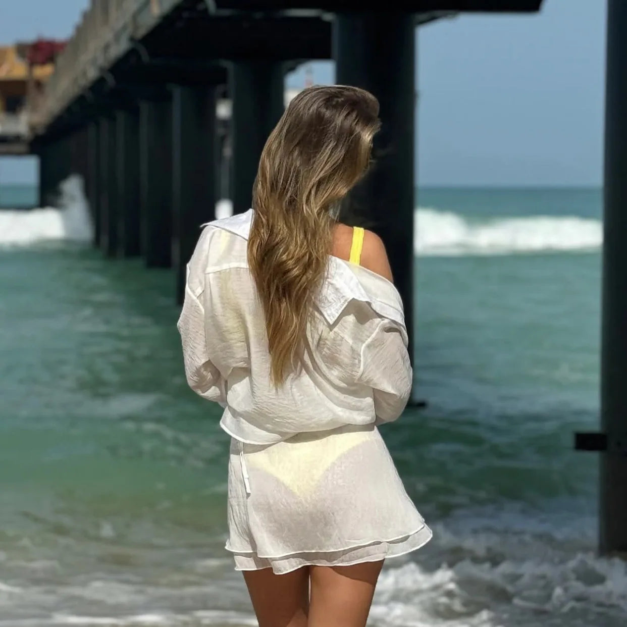Casual 2 Piece-Set Summer Female Cover up And Ruffled Mini Skirt Lace-Up Beach Holiday See-Through Loose Women's Outfits