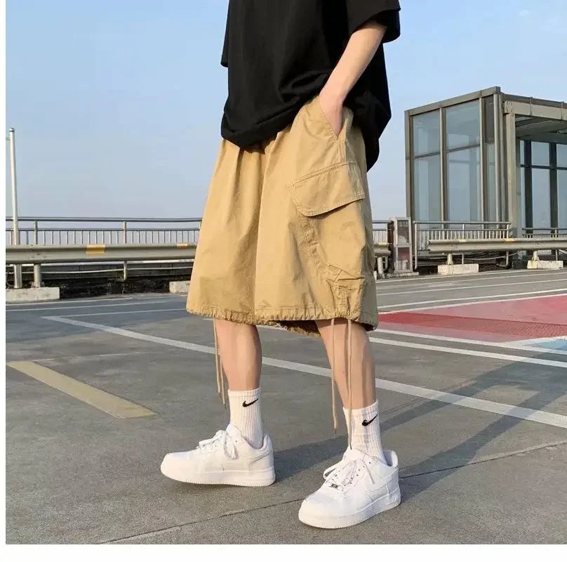 Khaki 7-point Men Summer Thin Japanese Workwear Wide-leg Loose Over-knee Shorts