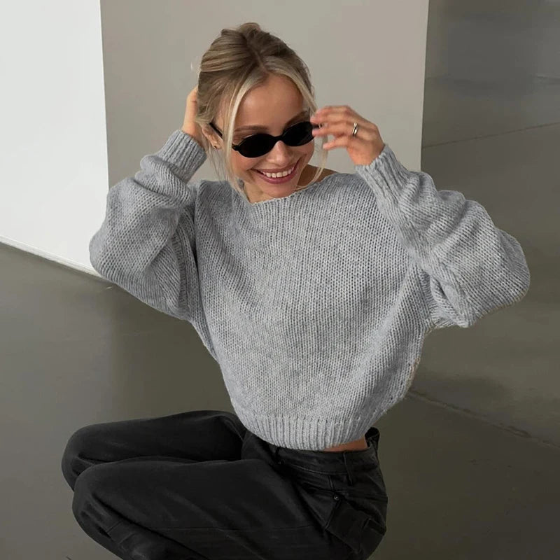 Rockmore Backless V-neck Sweater Streetwear Women Loose Pullover Elegant Casual Long Sleeve Crop Tops Korean Autumn Clothes