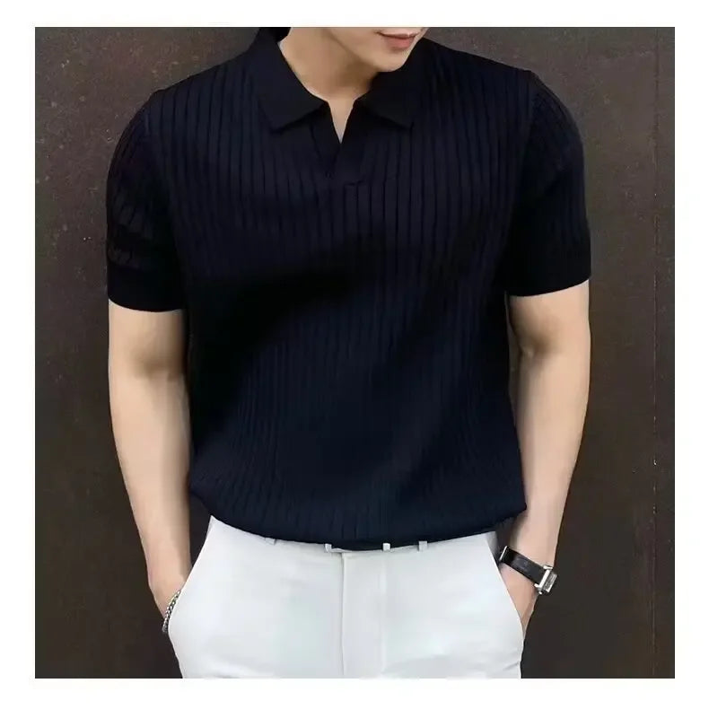 Summer New Light Maturity Knitted Polo Shirt Men's Korean Style Slim Fit Collar Pure Color Casual T-Shirt Cross-Border
