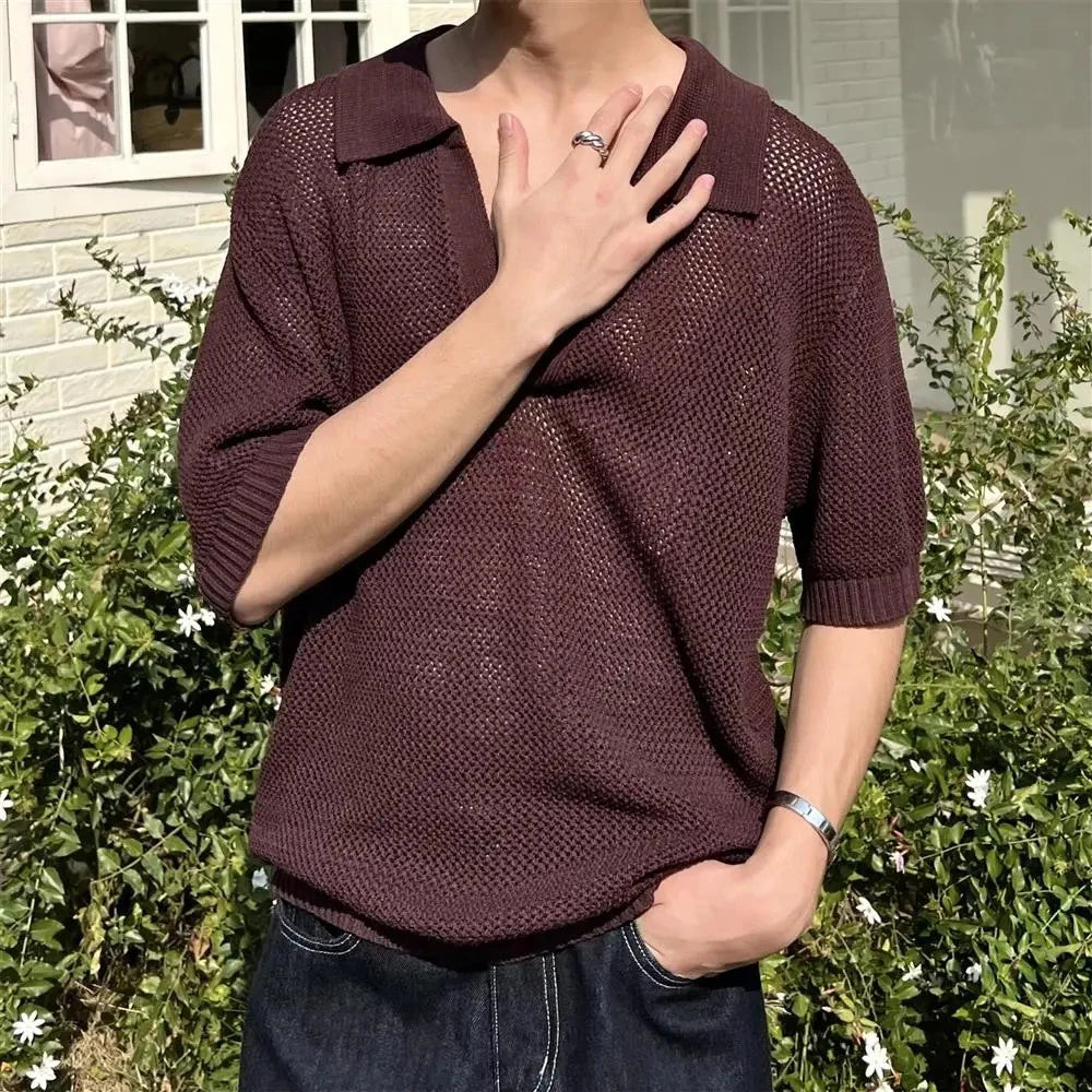 Summer New Men's Hollow Solid Color Knitted Short-Sleeved T-Shirt Retro Fashion Trend Casual Simple Loose Breathable Men's Tops