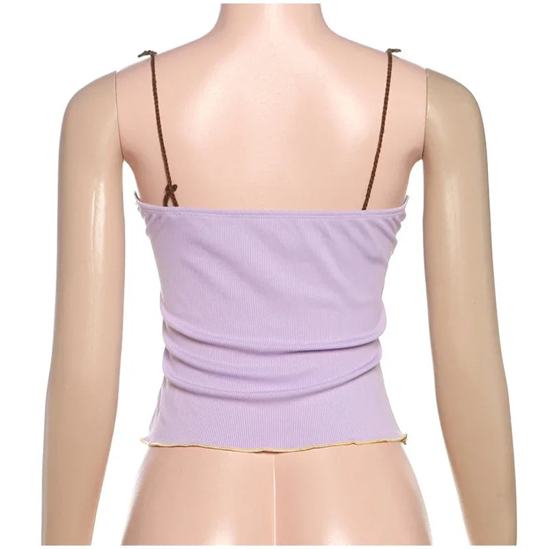 Rib Embroidery Split Tank Top Women Sleeveless Backless Slim Contrast Color Strap Party Vest Summer 2025 Fashion Lady Tops