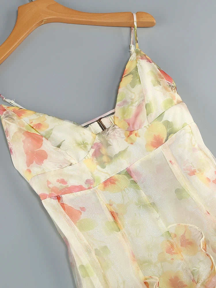 New Sexy Sleeveless V Neck Printed Ruffles Long Dress Women Spaghetti Strap Floral Printing Split Dress Holiday Party Sundress