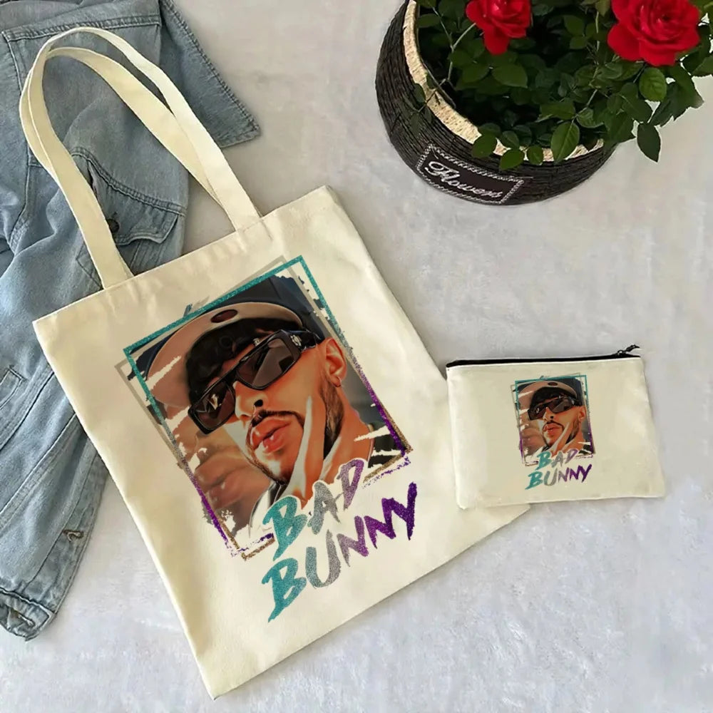 Un Verano Sin Ti Gift Bag Set, Bad Bunny Print Tote Bag, Casual Canvas Shoulder Bag with Mini Storage Bag