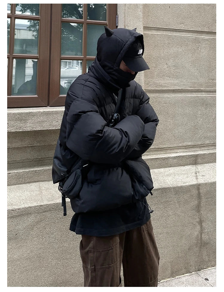 Cotton-Padded Hip Hop Parkas Men Devil Horns Winter Hooded Down Jacket Retro Y2K Thicken Puffer High Street Loose Bubbles Coats