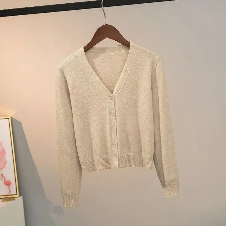 Sweater knitted cardigan button jacket 2024 autumn winter V-neck long sleeve casual short tops for women sweater Grey White