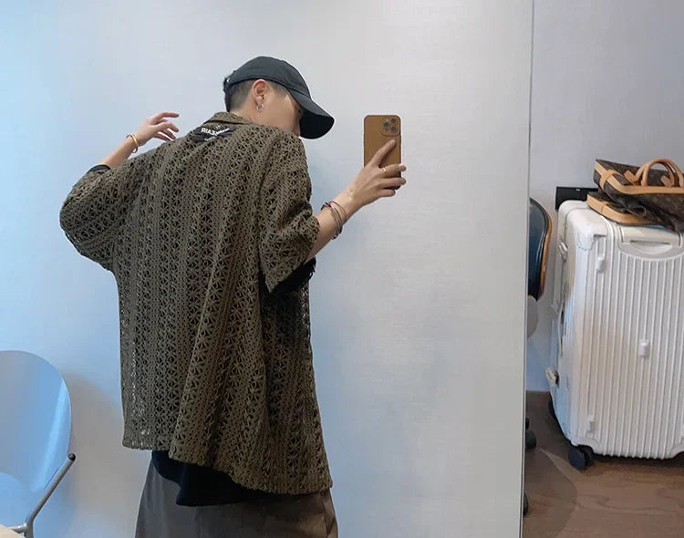 Summer American Style Vintage Distressed Versatile Military Green Knit Hollow Breathable Loose-fit Casual Short Sleeve Shirt Men