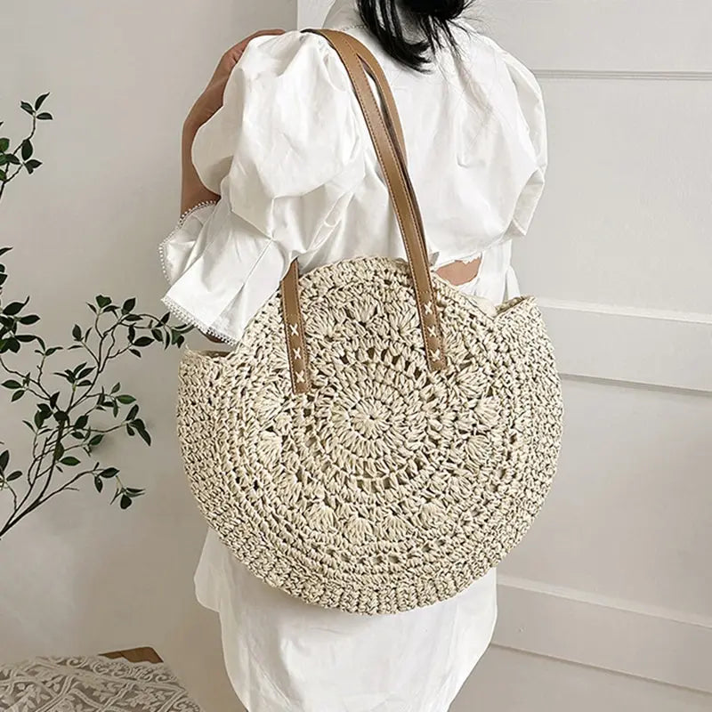 Summer Round Straw Women Vacation Woven Beach Shoulder Bag Large Capacity Hollow Out Simple Tote Bag
