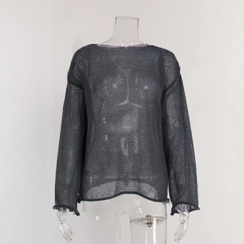 MSCSZ Red Long Sleeve Oversized Sweater Women Transparent Knitted Sweater 2025 Spring Autumn Cozy Sweaters Pullover Tops