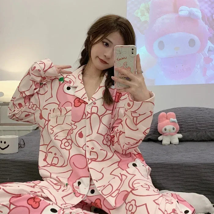 Sanrio Kuromi Hello Kitty Melody Pajamas for Women Kawaii Cartoon Loose Sleepwear Pajamas Sets Short Clothes Christmas Gift