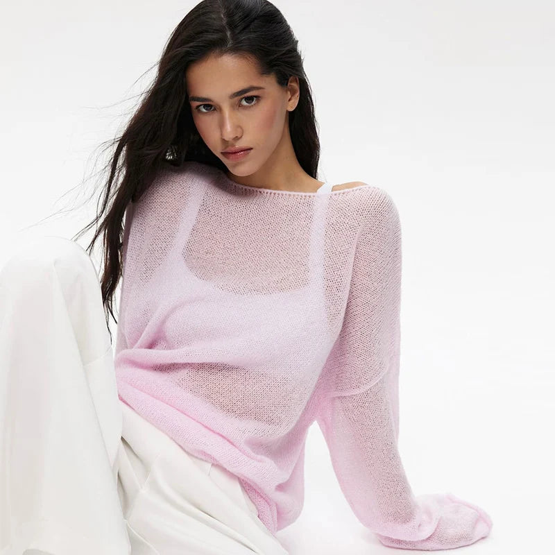 MSCSZ Red Long Sleeve Oversized Sweater Women Transparent Knitted Sweater 2025 Spring Autumn Cozy Sweaters Pullover Tops