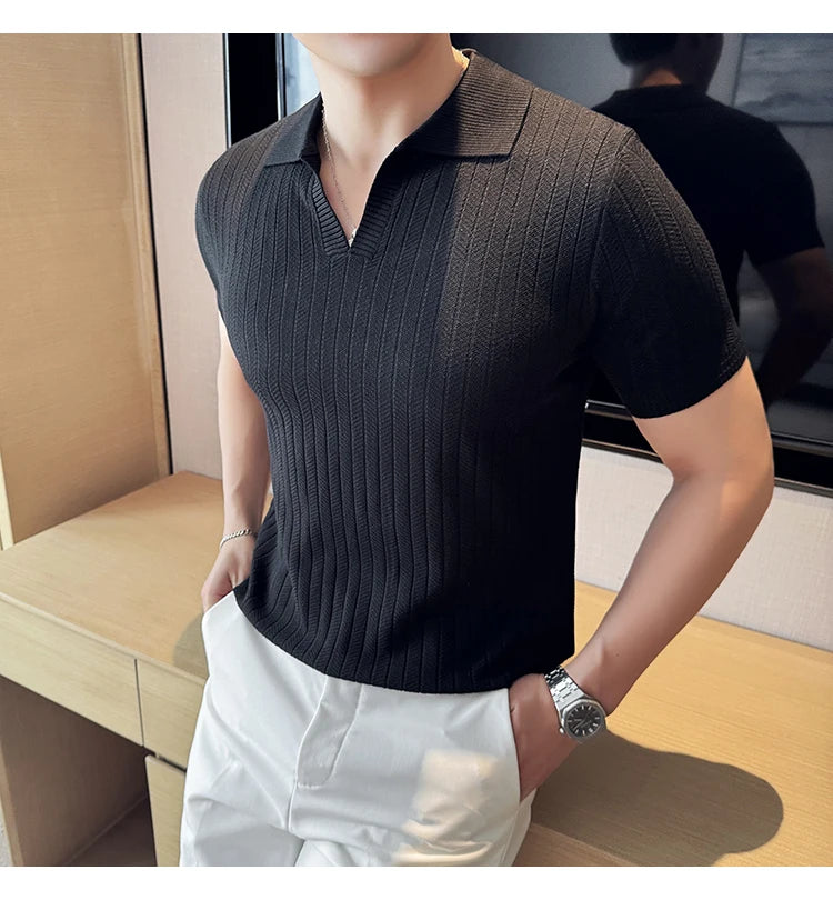 Men Striped Polo Shirt 2025 Summer Light Thin Breathable Solid Casual Elastic Slim Fit Short Sleeved V-neck T-shirt Men Clothing