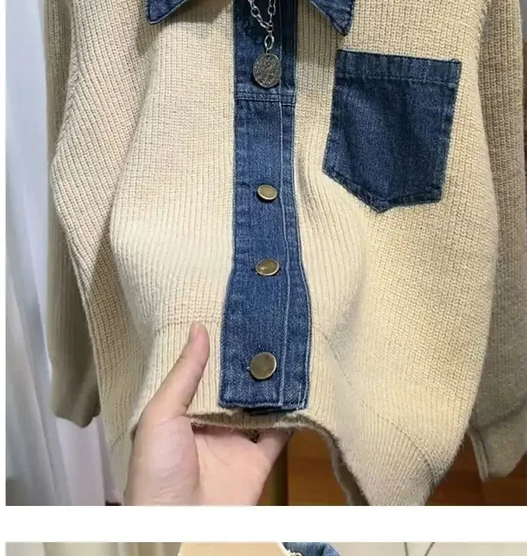 Women's Trendy Vintage Denim Patchwork Single Breasted Knitted Cardigan Autumn Casual Long Sleeve Loose Chic Pocket Sweater Coat