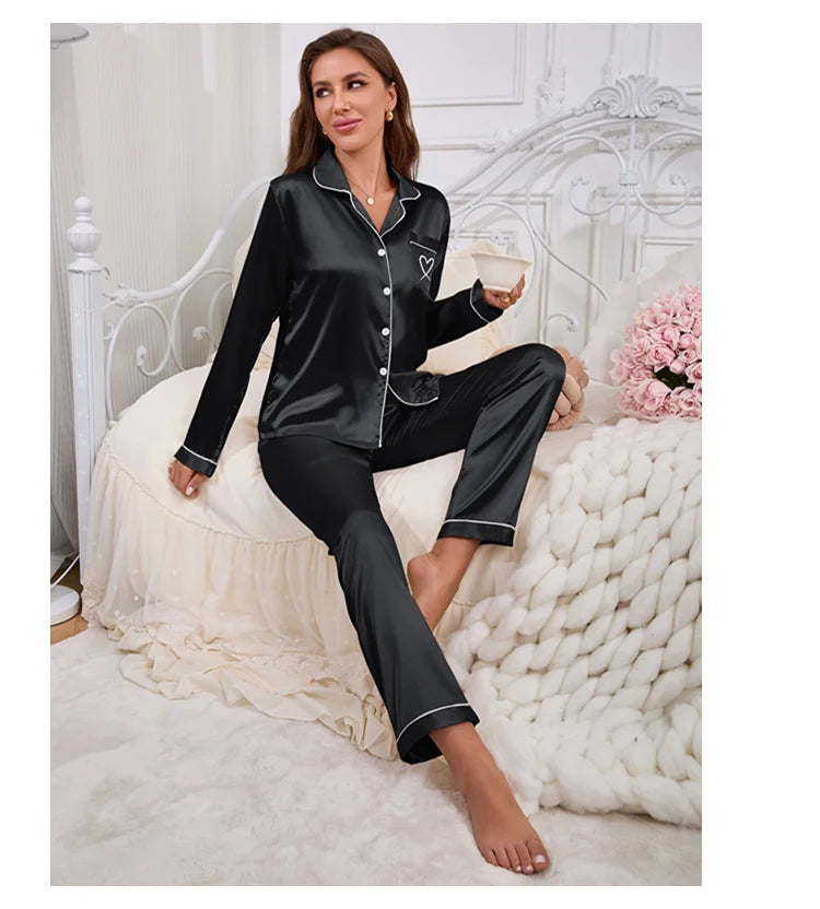Women's Home Clothes Satin Pajama Autumn Long Sleeve Pocket Heart-shaped Embroidery Tops & Pants Pyjama Femme Loungewear Pj Set