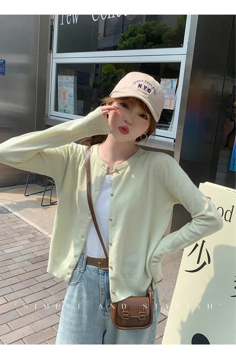 Solid Color Knitted for Women Cardigan Korean Single Breasted Long Sleeve Jumper Woman Round Neck All Match Cardigans Outwear
