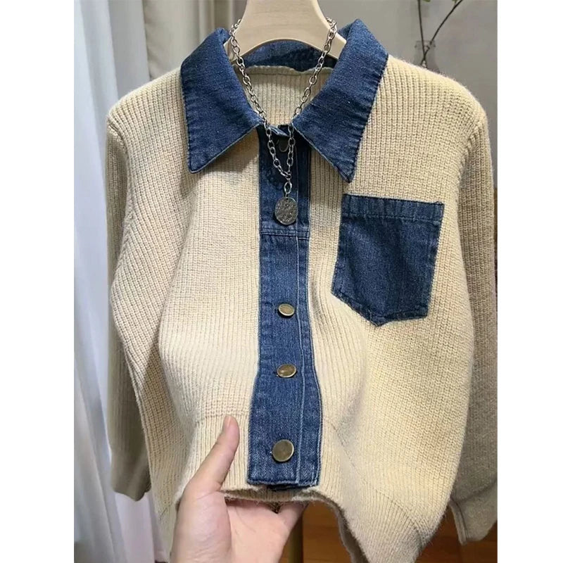 Women's Trendy Vintage Denim Patchwork Single Breasted Knitted Cardigan Autumn Casual Long Sleeve Loose Chic Pocket Sweater Coat