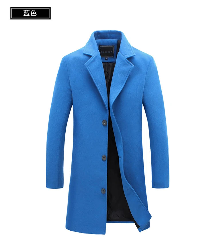 2025 Autumn Winter New Wool Men Long Cotton Coat Blend Pure Color Casual Business Fashion Slim Windbreaker Jacket Men Clothing