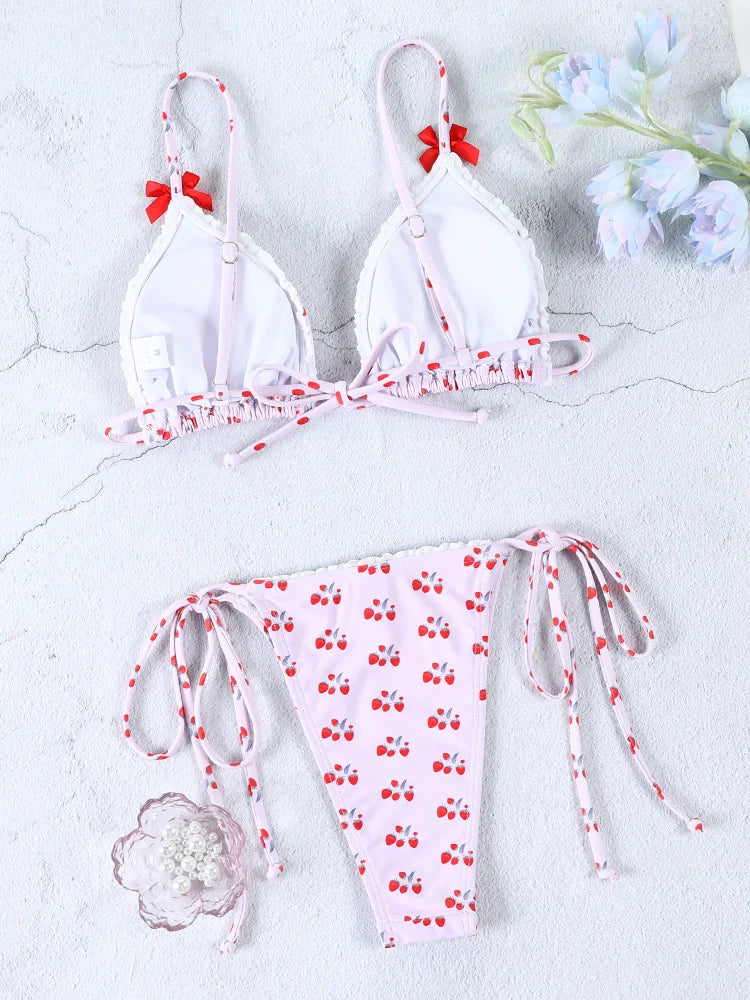 Plaid Print Bikinis Bow Swimwear Women Swimsuit Triangle Bikini Set Bandage Bath Suit Low Waist Thong Beachwear New Biquini