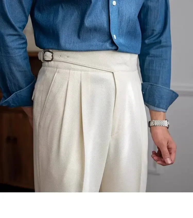 High-waisted Casual Straight-leg Suit Pants For Men Autumn Vintage Draped Waist Trousers Naples Retro Style Business Formal Wear
