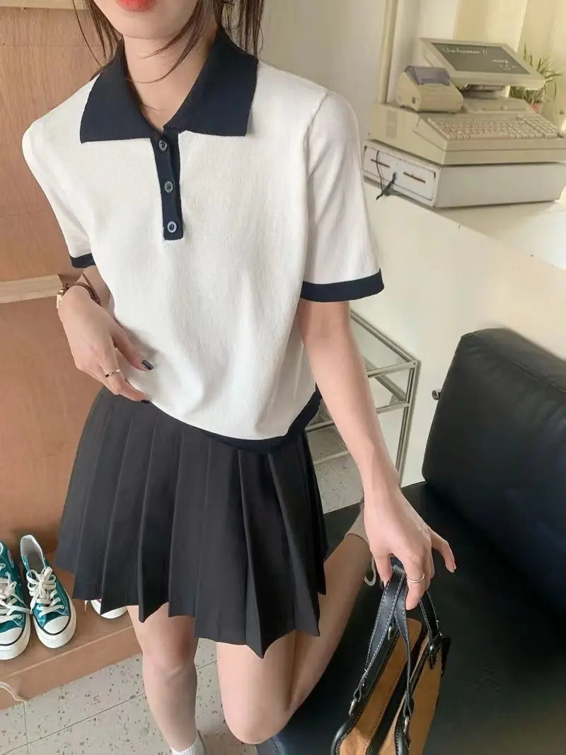 College Style Summer New Knitted Short-sleeved Ice Silk T-shirt Women's Polo Shirt Design Niche Short Underwear Top