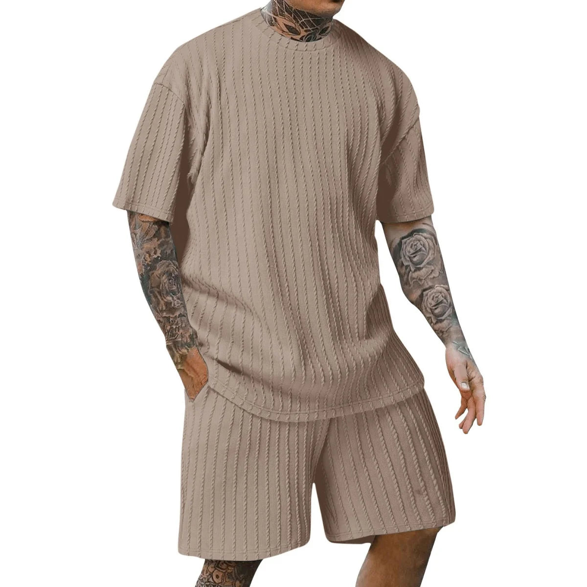 Men's new fashion summer sports solid color crew-neck vertical stripe T-shirt shorts short-sleeved suit Loose two-piece set