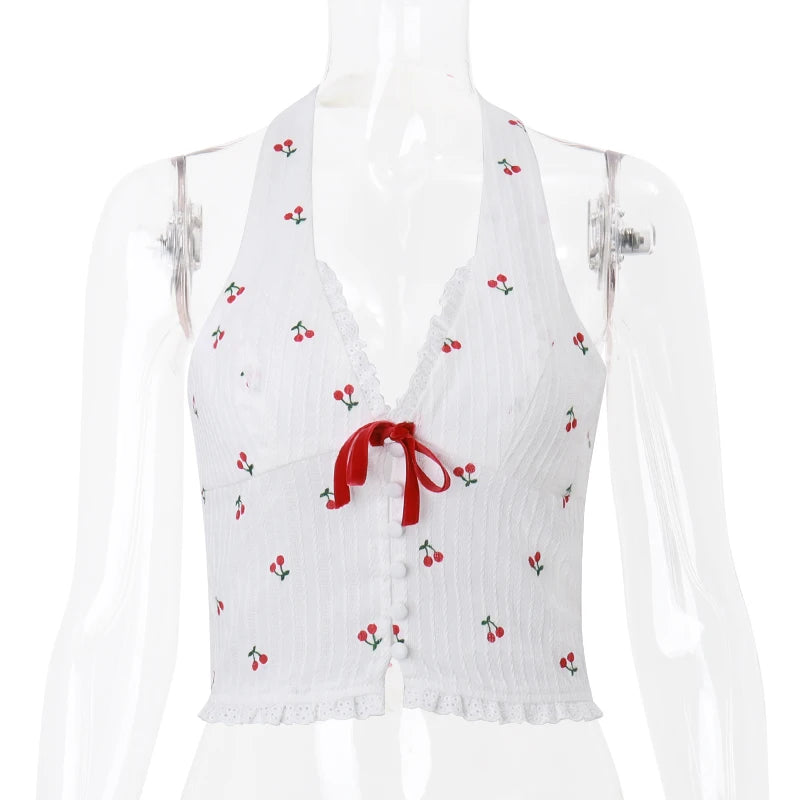 WhereMery Korean Fashion Print Halter Camis Tank Tops Summer Knitted Slim Fit Tank Top High Street Commuter Casual Women's Wear