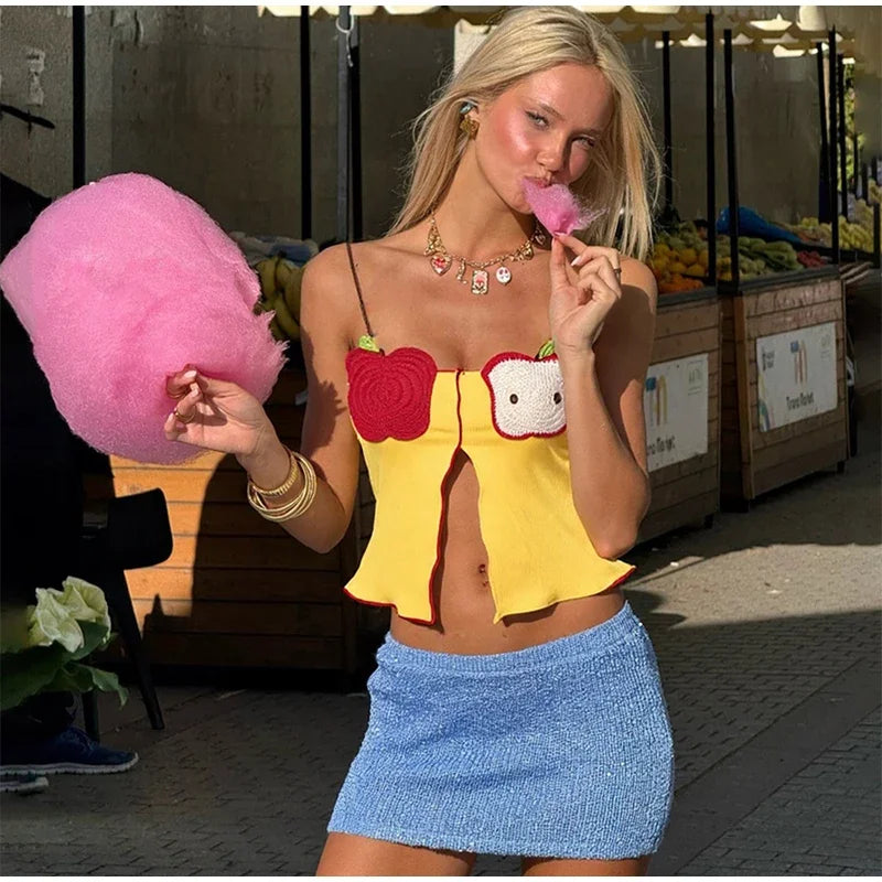 Rib Embroidery Split Tank Top Women Sleeveless Backless Slim Contrast Color Strap Party Vest Summer 2025 Fashion Lady Tops
