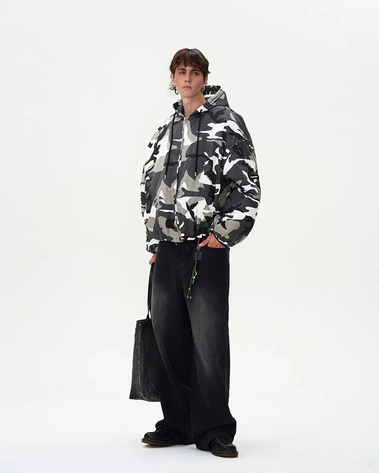 Tung Sung Camouflage Hooded Puffer Jacket Men's and Women's Loose Short Coat Men Winter