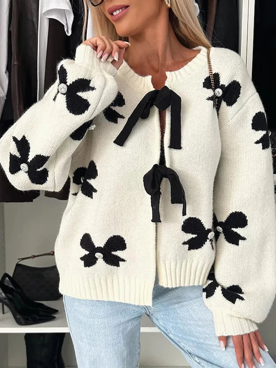 Combhasaki Women's Autumn Y2K Elegant Sweater Cardigan Lantern Long Sleeve Bow Print Pearl Decor Tied Split Front Knitwear Tops