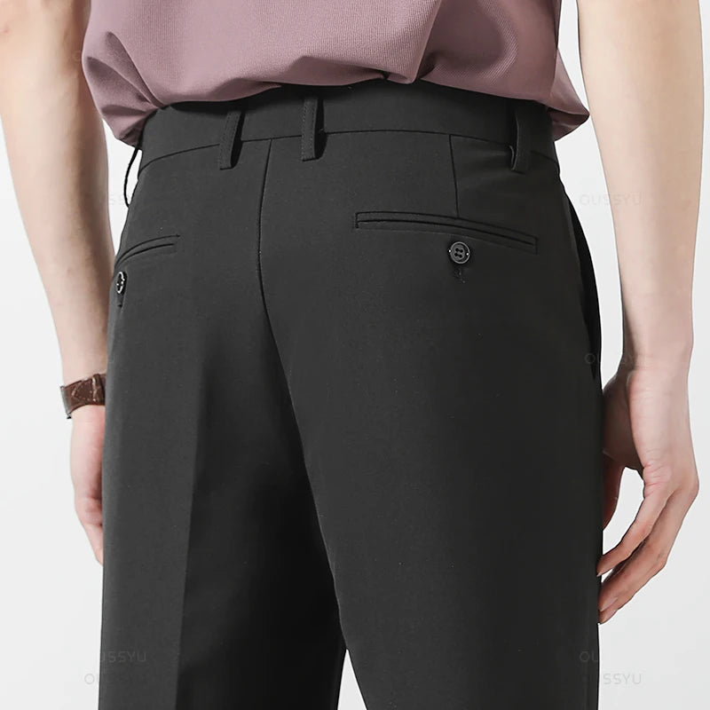 Spring Summer Suit Pants Men Business Smooth Slim Business Office Social Elastic Waist Ankle Length Formal Korean Trousers Male