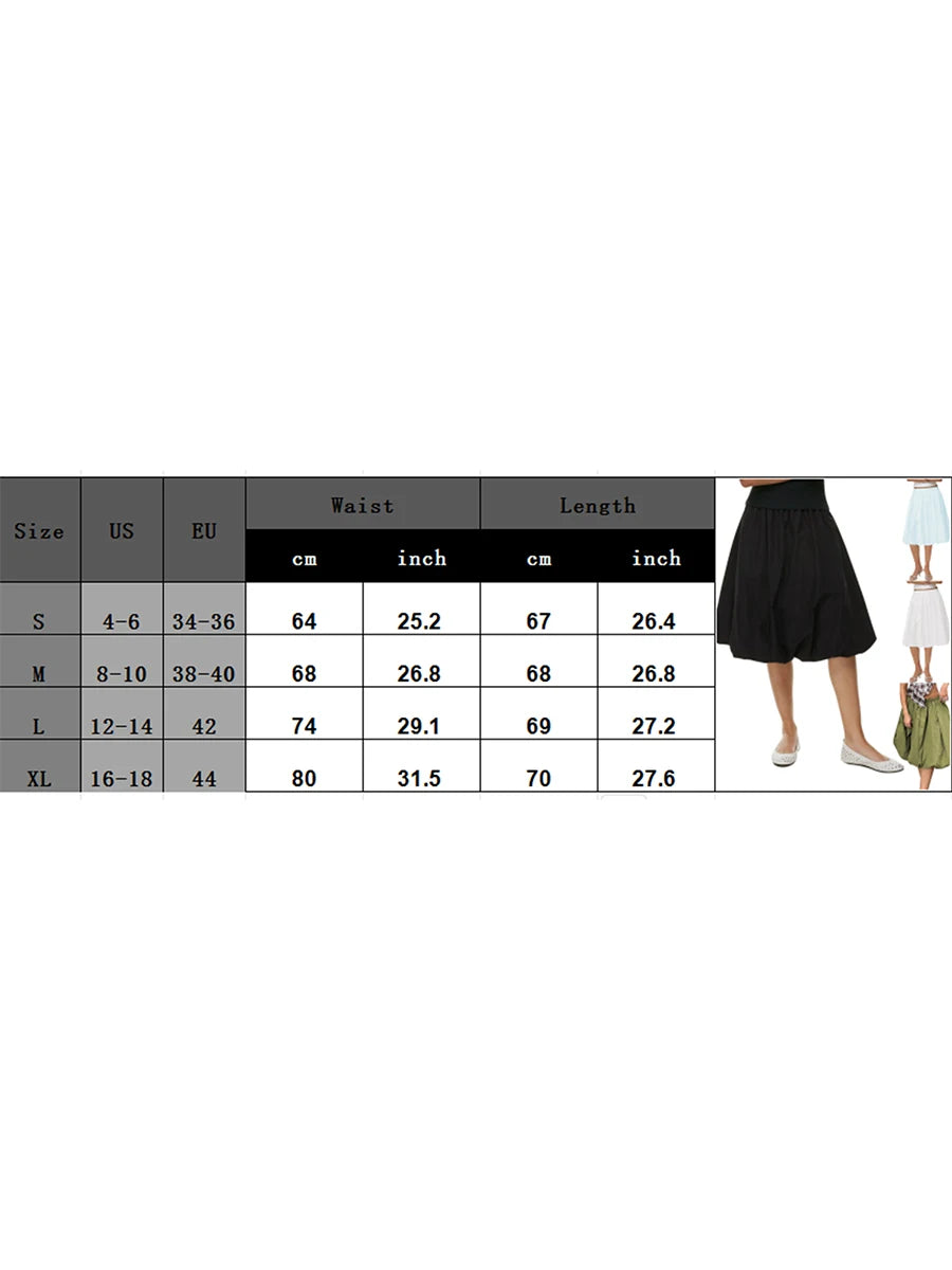 Women Bubble A-Line Skirt Casual Summer Solid Color Elastic Waist Gothic Midi Skirt for Beach Vacation Club Streetwear