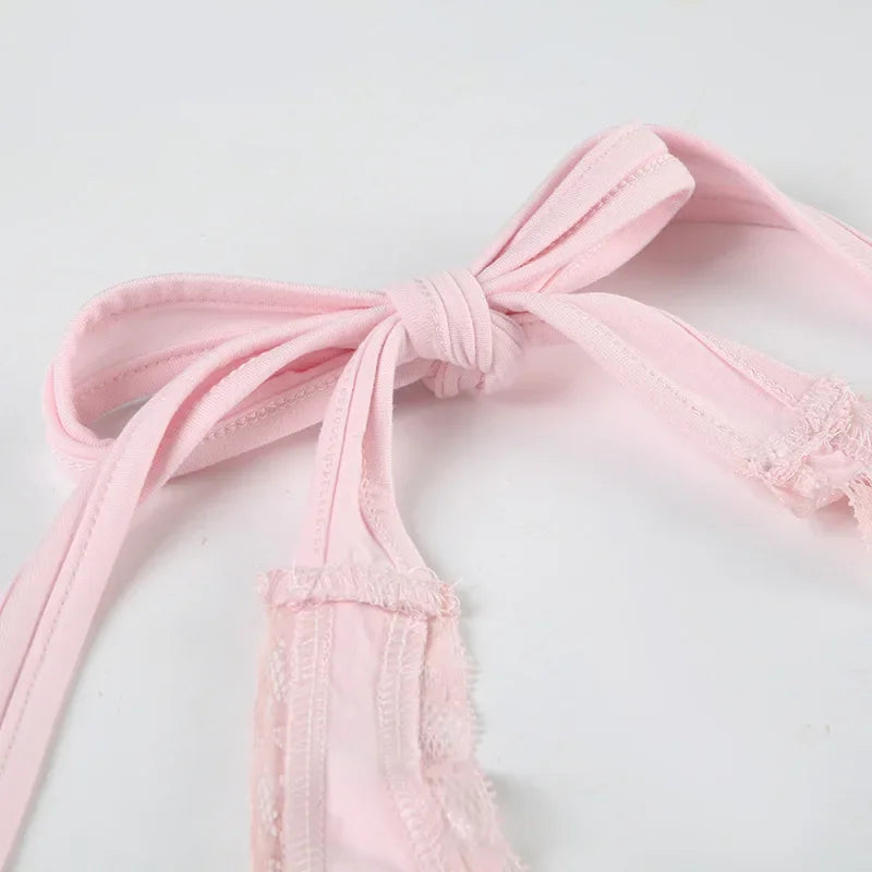 Pink Floral Embroidery Bow Lace Trim Halter Top Pink Vacation Cute Fashion Y2k Crop Tops for Woman Summer 2025