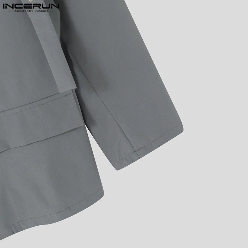 INCERUN Korean Fashion Men Blazer Casual Long Sleeve Solid Tops Pocket Button Steetwear Male Outfits Well Fitting Vintage Coats