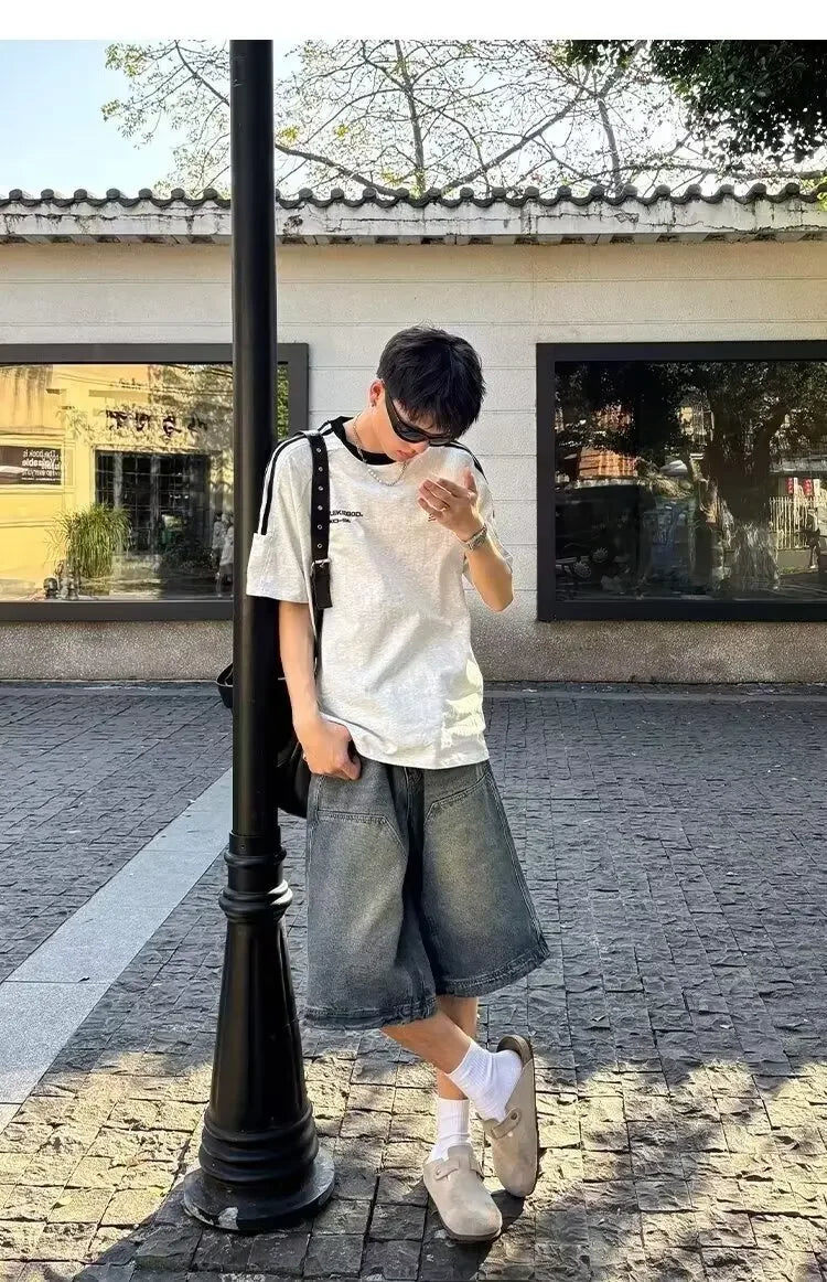 American Style Vintage Men's Denim Shorts Streetwear Straight-Leg Wide-Leg Distressed Casual Pants Trendy Summer Wear